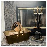 FIREPLACE EQUIPMENT | Including a set of five tools with brass handles on a fender-form stand and ha