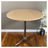 cafe / bistro-style side table with silver metal base, includes gold table cloth and brown cover wit