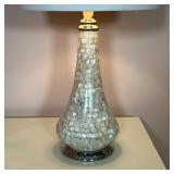 Pier1 Imports mother-of-pearl-style mosaic table lamp with a round cylindrical shade; h. 26 in.