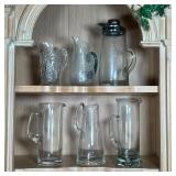(6pc) GLASS PITCHERS | Crystal, blown glass, and glass pitchers of various sizes and forms; largest 