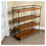 INDUSTRIAL SHELF UNIT | Small storage shelf, having four wood board shelves on a wire metal frame; 3