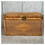 LARGE WOVEN CHEST | Woven blanket chest with hinged lid, having metal hardware and side carrying han