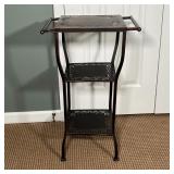 METAL SIDE TABLE STAND | Three tier metal side table with open work accents on each shelf, brushed b