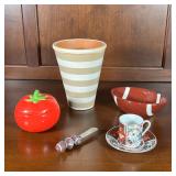 (5pc) ASSORTED FUN TABLE ITEMS | Including a floral gilt Japanese espresso cup and saucer, football 