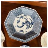 octagonal plate (dia. 11-1/2 in.), a floral heart-shaped dish by Mikasa; a modern design blue & whit