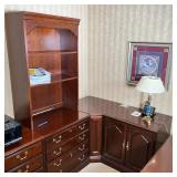 cabinets with shelves over double drawers (h. 78 x 30 x 22 in.), a middle section computer desk with