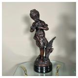 AUGUSTE MOREAU BRONZE SCULPTURE | Auguste Moreau signed bronze sculpture/statue of young girl holdin