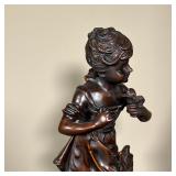Auguste Moreau signed bronze sculpture/statue of young girl holding a bird; h. 17-1/2 in.
