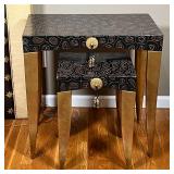 (2pc) NESTING SIDE TABLES | Carved reptilian style black color wood top, gold painted tapered legs, 