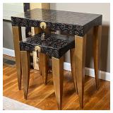 Carved reptilian style black color wood top, gold painted tapered legs, gilt accent with tassel; lar