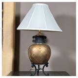 GOLD ACCENT TABLE LAMP | Pineapple style design, distressed gold finish on scrolled iron rod base; o