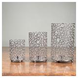(3pc) CANDLE HOLDERS | Openwork metal votive / candle holders of contemporary design; largest h. 9-1