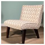 ACCENT CHAIR| Low slipper chair on tapering wood legs with patterned fabric upholstery; h. 31 x 25 x