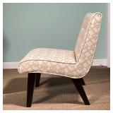 ACCENT CHAIR| Low slipper chair on tapering wood legs with patterned fabric upholstery; h. 31 x 25 x