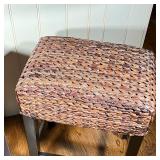 PAIR WICKER TOP STOOLS | Counter-height bar stools with woven wicker style seats over dark wood tape