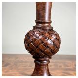 andle holders with basket weave pattern, painted composition in a wood style; tallest 18 in.
