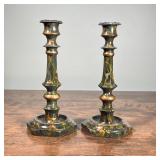 PAIR FAUX MARBLE CANDLESTICKS | Candle holders having marbled painted decoration, leather bases with