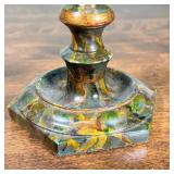 Candle holders having marbled painted decoration, leather bases with Rinfret Home & Garden label; h.