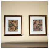 PAIR FRAMED WALL ART | Patterned viney / floral prints, nicely matted in wood frames; overall 17 x 1