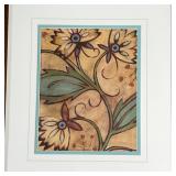 PAIR FRAMED WALL ART | Patterned viney / floral prints, nicely matted in wood frames; overall 17 x 1