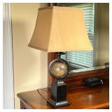 GLOBE TABLE LAMP | Black patinated metal base with a mounted spinning globe, with a square lampshade