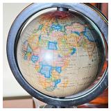 Black patinated metal base with a mounted spinning globe, with a square lampshade; overall h. 25 in.