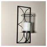 PAIR WALL SCONCES | Two patinated metal candle holders with cylindrical glass shades; h. 16 x 6 x 6-