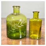 (2pc) GREEN GLASS BOTTLES | Molded green glass, including one with cut viney decorations; largest 6 