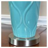 PAIR TABLE LAMPS | Sea glass blue on silver bases with cylindrical shades; h. 24 in.