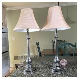 PAIR PATINATED METAL LAMPS | Patinated metal table lamps with custom shades (plus with original unus