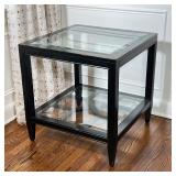 WOOD & GLASS SIDE TABLE | Square side table with a beveled glass top and beveled glass lower shelf o