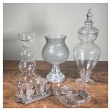 (7pc) DECORATIVE GLASS | Including a jar, votive holder, vase, bowl, creamer and sugar on tray; tall