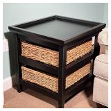 BLACK SIDE TABLE | Side table with dark wood finish, having a gallery top over two shelves with wove