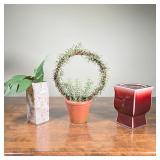 (3pc) DECORATIVE CERAMICS | Including a flambe pottery votive holder (for a 4 in. candle) and a mosa