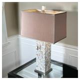 MOTHER of PEARL MOSAIC TABLE LAMP | Iridescent mother of pearl mosaic column on a chrome / stainless