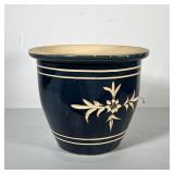 CERAMIC POT | Planter with overall blue glaze and incised floral decoration; h. 11 x 13-1/2 in.