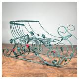 DECORATIVE WIRE SLEIGH | Festive! Green scrollwork sled with wire leaves and holly; h. 12 x 24 x 10 
