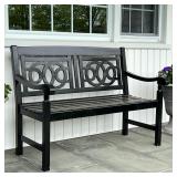 BLACK PAINTED BENCH | Outdoor bench, wood with black paint, patterned openwork back rest with slatte