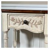 hall table, having a whitewash / light wood finish with carved floral decoration and a a dark wood f