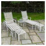 (5pc) OUTDOOR LOUNGE CHAIRS | Patio lounge furniture, including a pair of white strap work lounge ch
