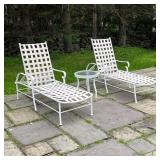 (3pc) OUTDOOR LOUNGE CHAIRS | Patio lounge furniture, including a pair of white strap work lounge ch