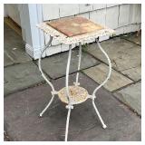 STONE TOP PLANT STAND | Square stone top on a fancy white cast iron stand with openwork medial shelf