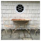 (3pc) ANTIQUE OUTDOOR FURNITURE | Antique patio furniture suite, white painted iron table with a scr
