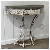STONE TOP IRON SIDE TABLE | Demilune side table having a dark stone top over a white iron base with 