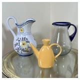 (3pc) DECORATIVE PITCHERS | Including a clear glass pitcher with cobalt glass handle and rim and a P