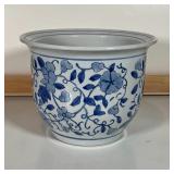 BLUE & WHITE PLANTER | White porcelain planter with blue underglaze; h. 6-3/4 x dia. 9-1/4 in.