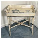 PAINTED TRAY TABLE | Painted wood side table with a tray-form top decorated with a teapot and cups, 