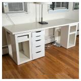 WHITE IKEA DESK | Large work top resting on three base sections, including one stand with five drawe