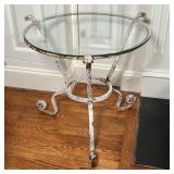 IRON SIDE TABLE | Round glass top side table on a scrolled white painted iron base; h. 19 x dia. 20 