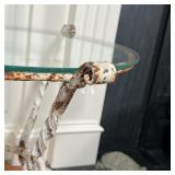 IRON SIDE TABLE | Round glass top side table on a scrolled white painted iron base; h. 19 x dia. 20 